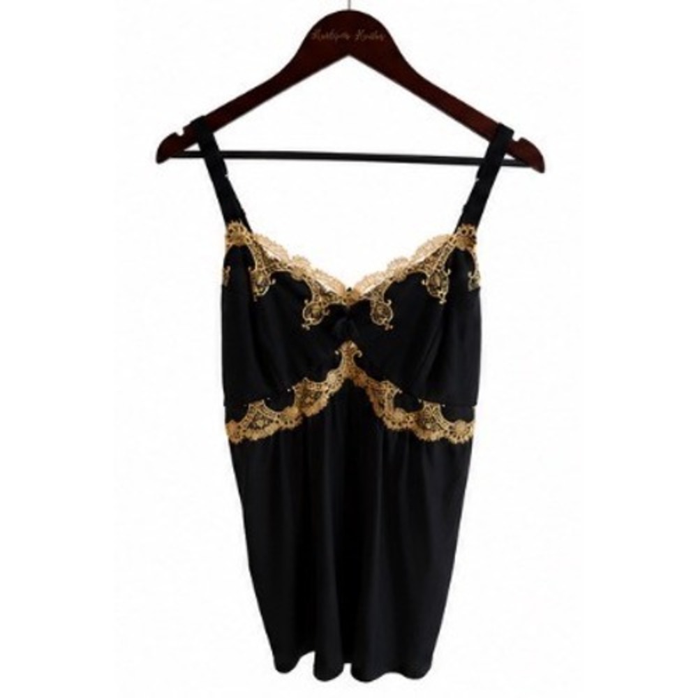 Soma Camisole Top Womens XL Black Gold EUC Metallic Lace Empire Waist Lingerie